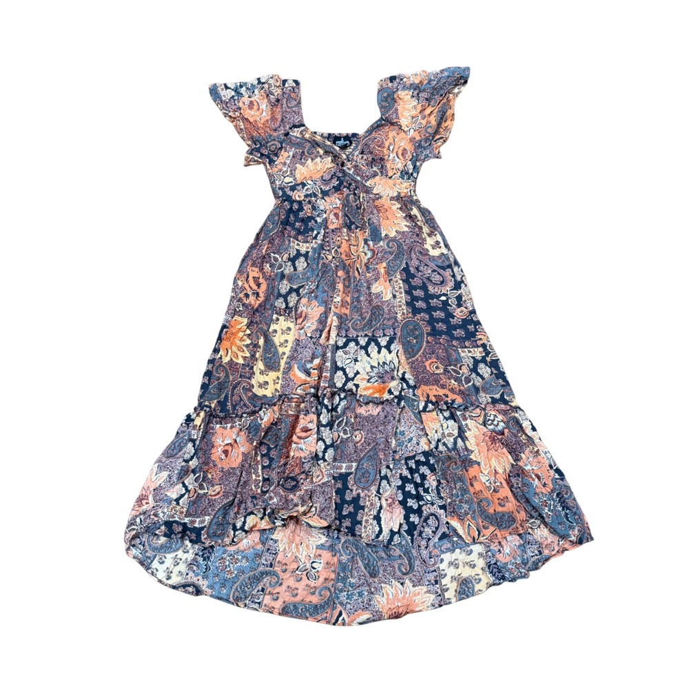Angie Women Patchwork Paisley Maxi Dress Orange Blue‎ Boho Smocked Tiered Medium